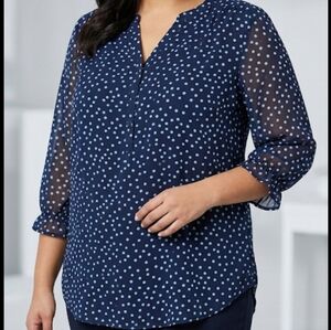 Navy Polka Dot V-Neck Blouse Women's Sz XL Loose Fit & Lined Sheer 3/4" Sleeves
